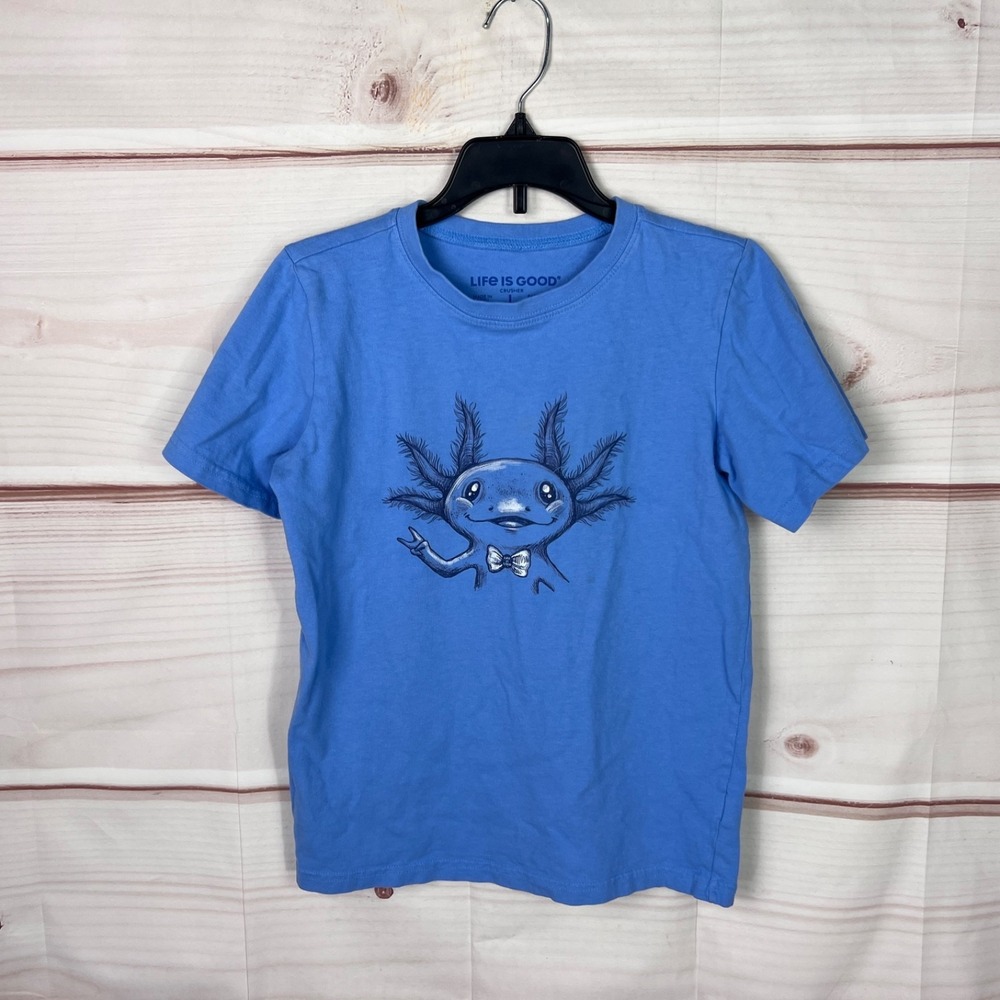 Life Is Good T-Shirt Kids L Blue Crew Neck Crusher Tee Crew Neck Axolotl Graphic